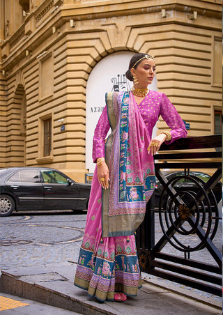 Monjolika Fashion Foil Print Pink Viscose Silk Classic Saree