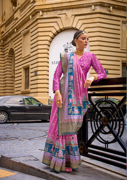 Monjolika Fashion Foil Print Pink Viscose Silk Classic Saree