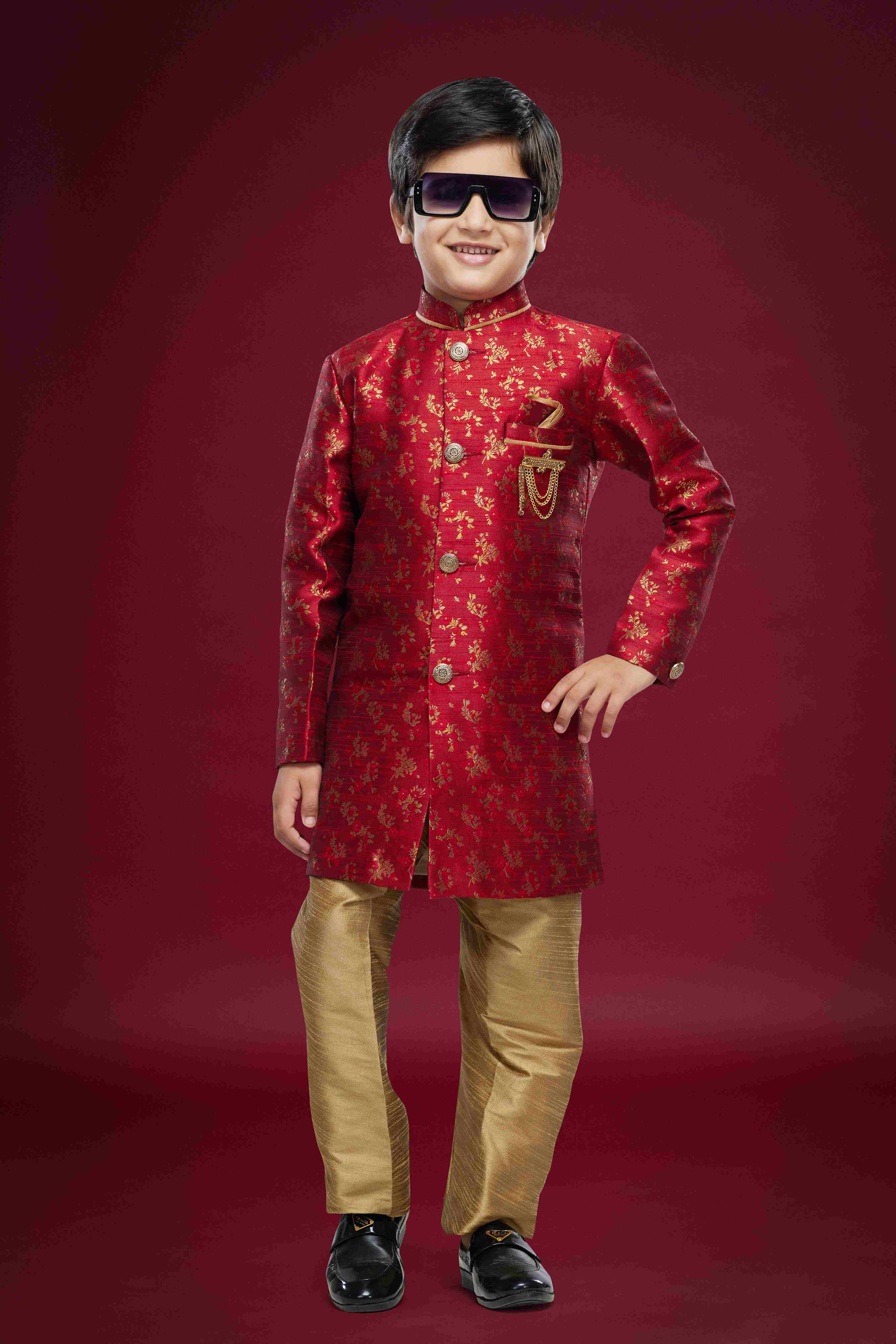 Raivat Ethnic Kids Banarasi Jacquard Woven Work Semi Indo Western Set Maroon Colour - Distacart