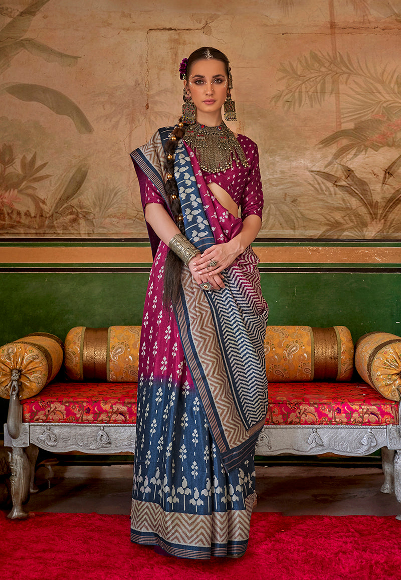 Monjolika Fashion Magenta & Navy Blue Mercerized Sigma Silk Saree with Aqua Finish