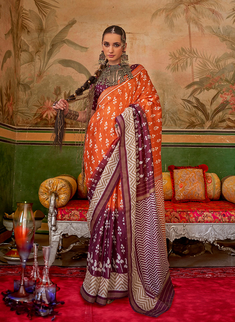 Monjolika Fashion Orange & Plum Mercerized Sigma Silk Saree with Aqua Finish