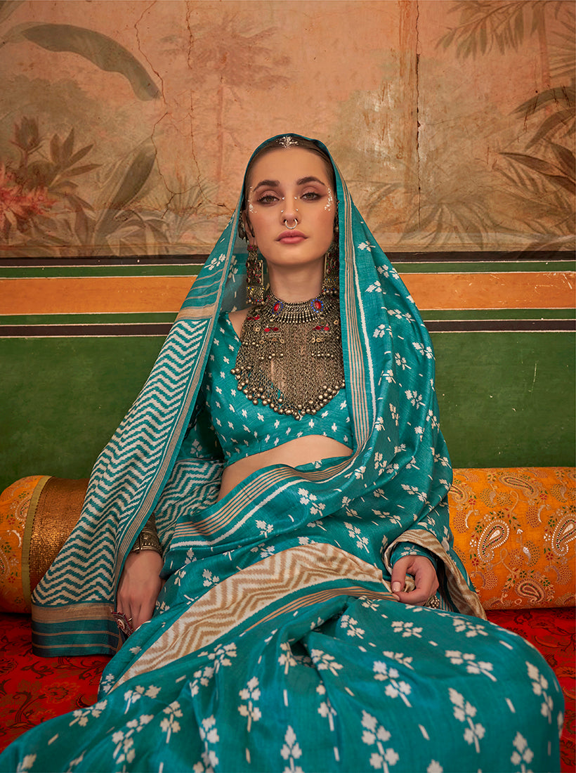 Monjolika Fashion Aqua Blue Mercerized Sigma Silk Saree with Aqua Finish