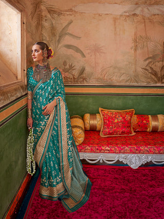 Monjolika Fashion Aqua Blue Mercerized Sigma Silk Saree with Aqua Finish