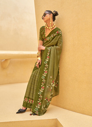 Monjolika Fashion Dark Olive Green Printed Georgette Contemporary Saree
