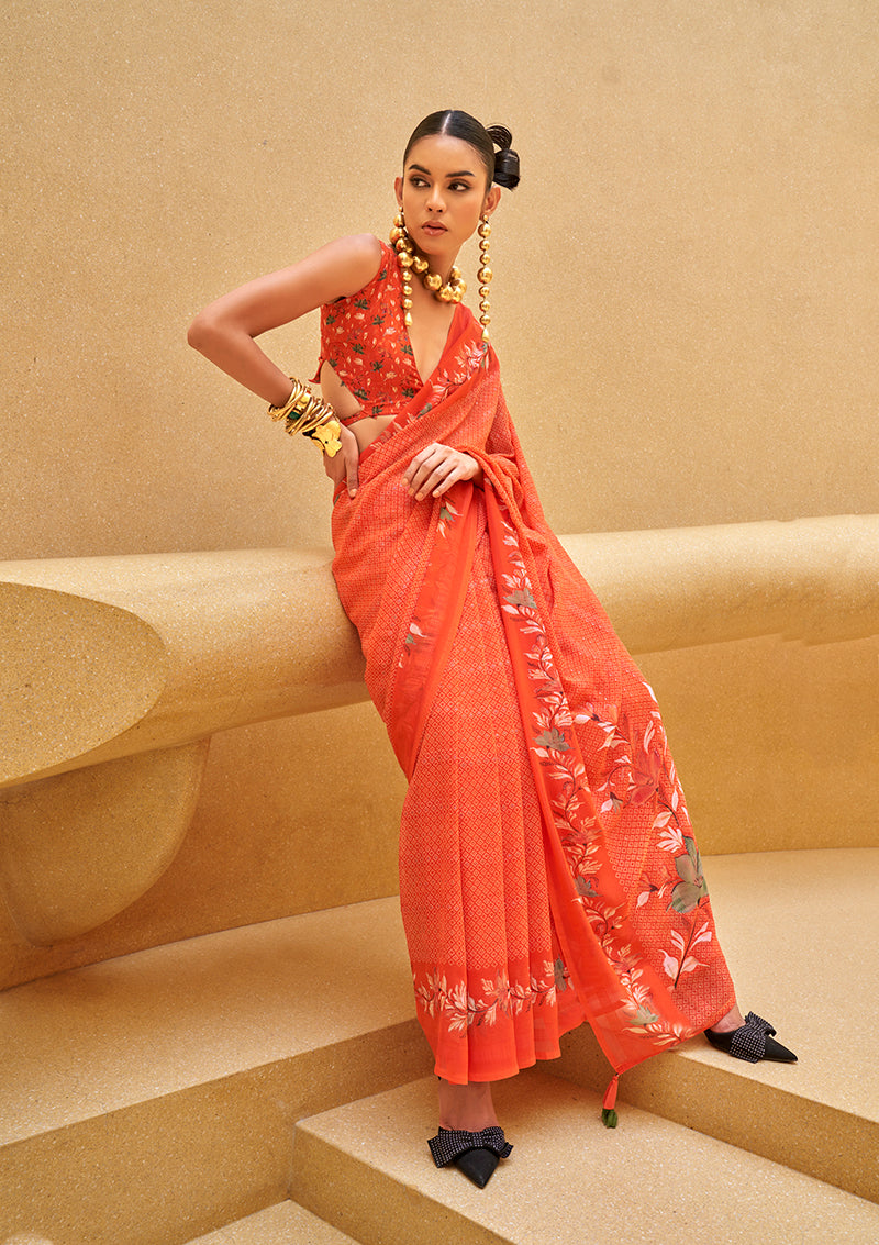 Monjolika Fashion Salmon Printed Georgette Contemporary Saree