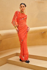 Thumbnail for Monjolika Fashion Salmon Printed Georgette Contemporary Saree