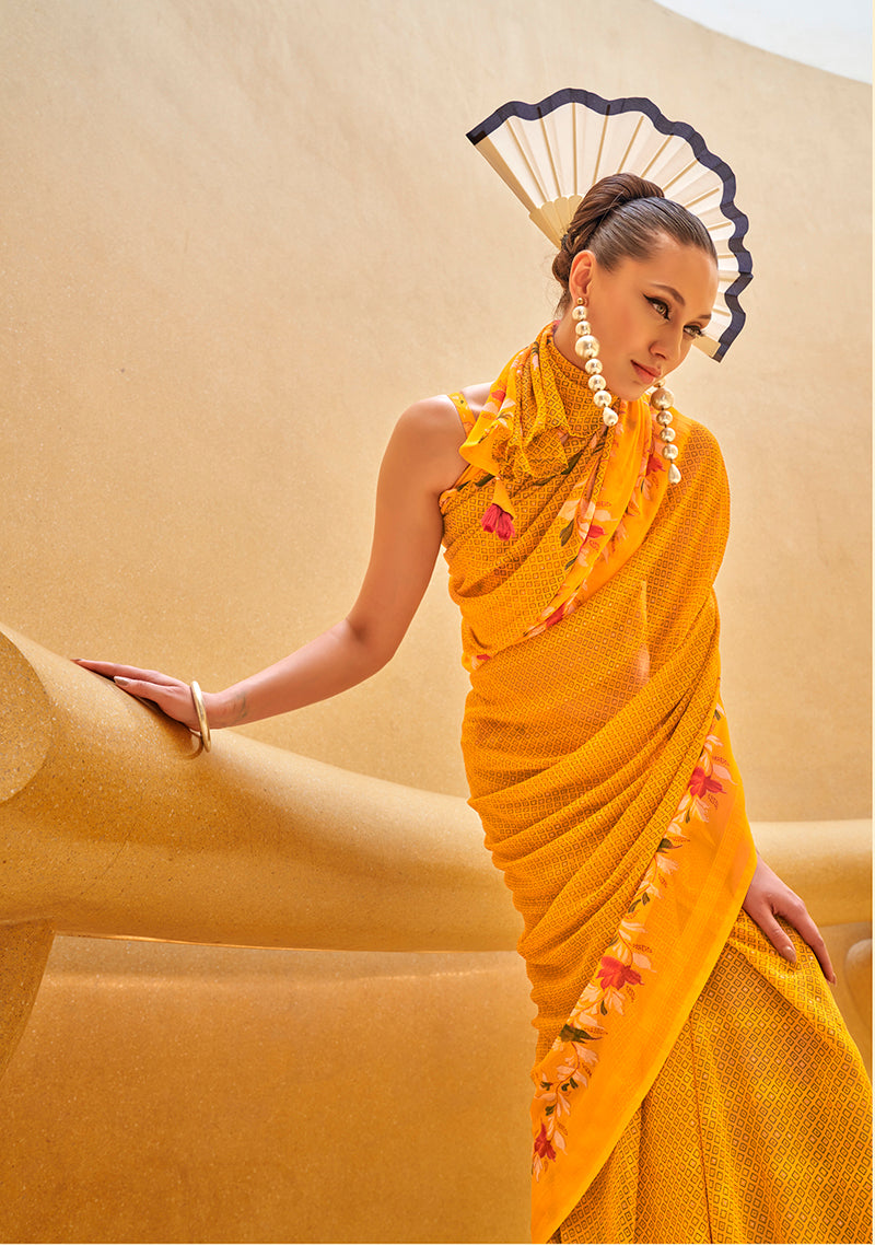 Monjolika Fashion Yellow Printed Georgette Contemporary Saree