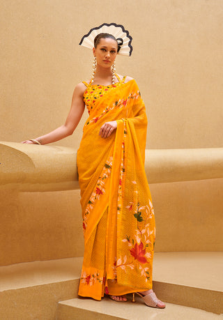 Monjolika Fashion Yellow Printed Georgette Contemporary Saree