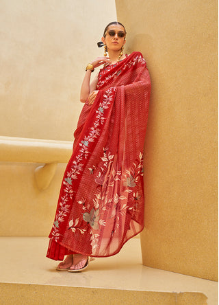 Monjolika Fashion Red Printed Georgette Contemporary Saree