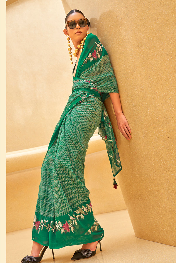 Monjolika Fashion Green Printed Georgette Contemporary Saree