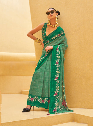 Monjolika Fashion Green Printed Georgette Contemporary Saree