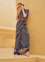 Thumbnail for Monjolika Fashion Navy Blue Printed Georgette Contemporary Saree