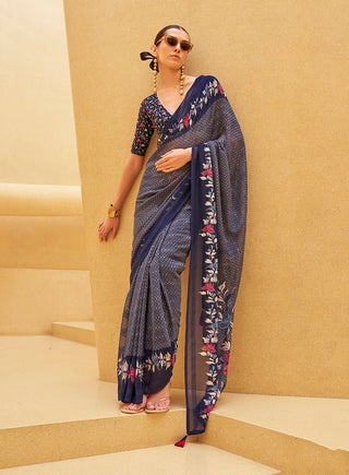 Monjolika Fashion Navy Blue Printed Georgette Contemporary Saree