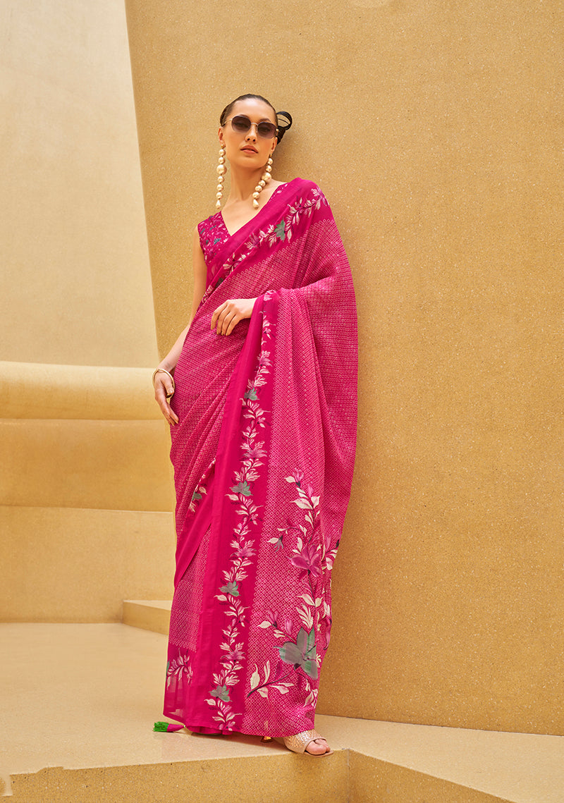 Monjolika Fashion Rani Pink Printed Georgette Contemporary Saree