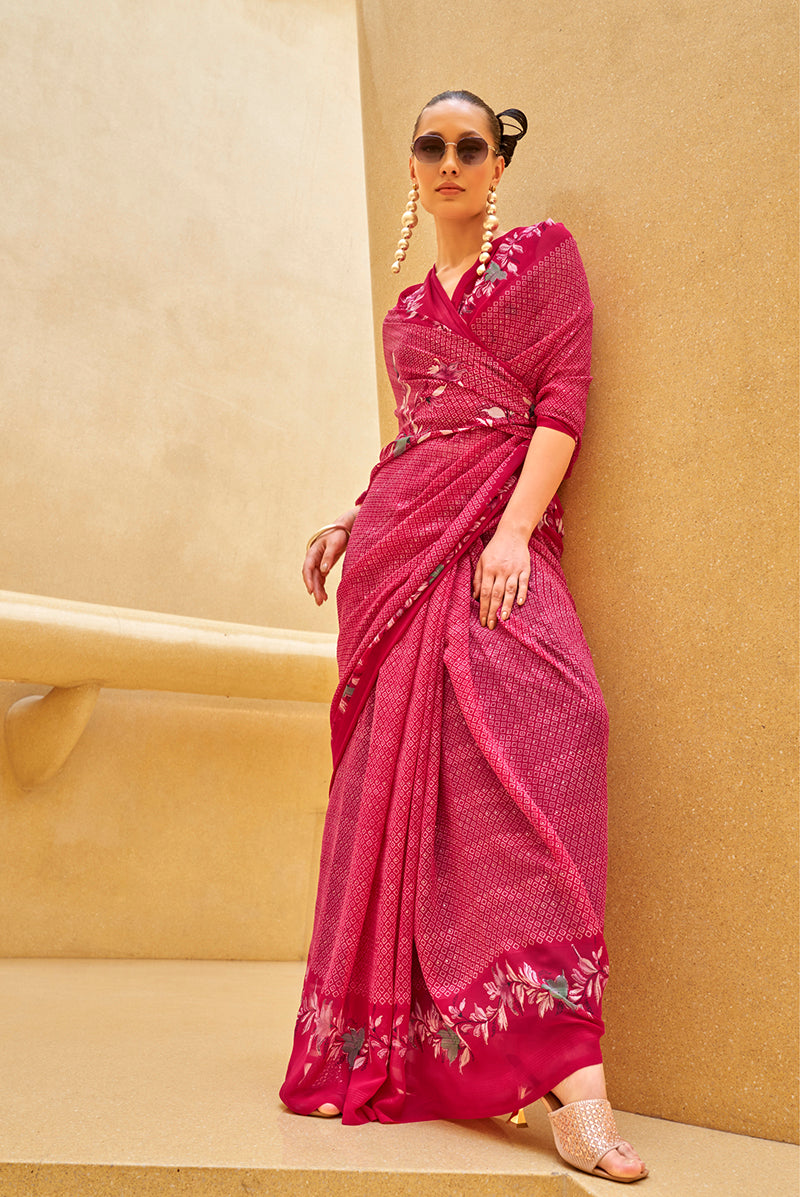 Monjolika Fashion Rani Pink Printed Georgette Contemporary Saree