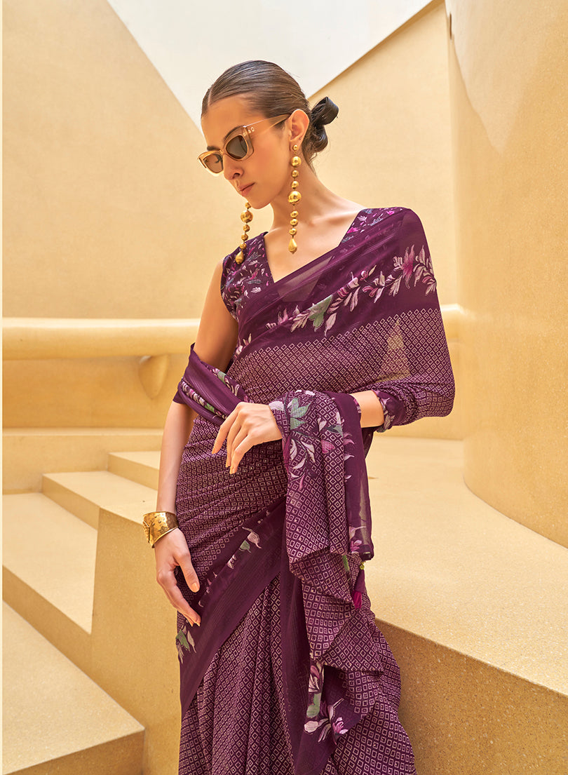 Monjolika Fashion Dark Purple Printed Georgette Contemporary Saree