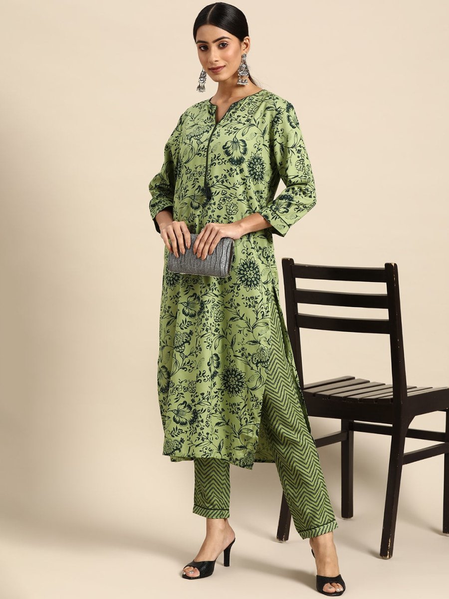 All About You Women Green Ethnic Motifs Printed Kurta with Trousers - Distacart