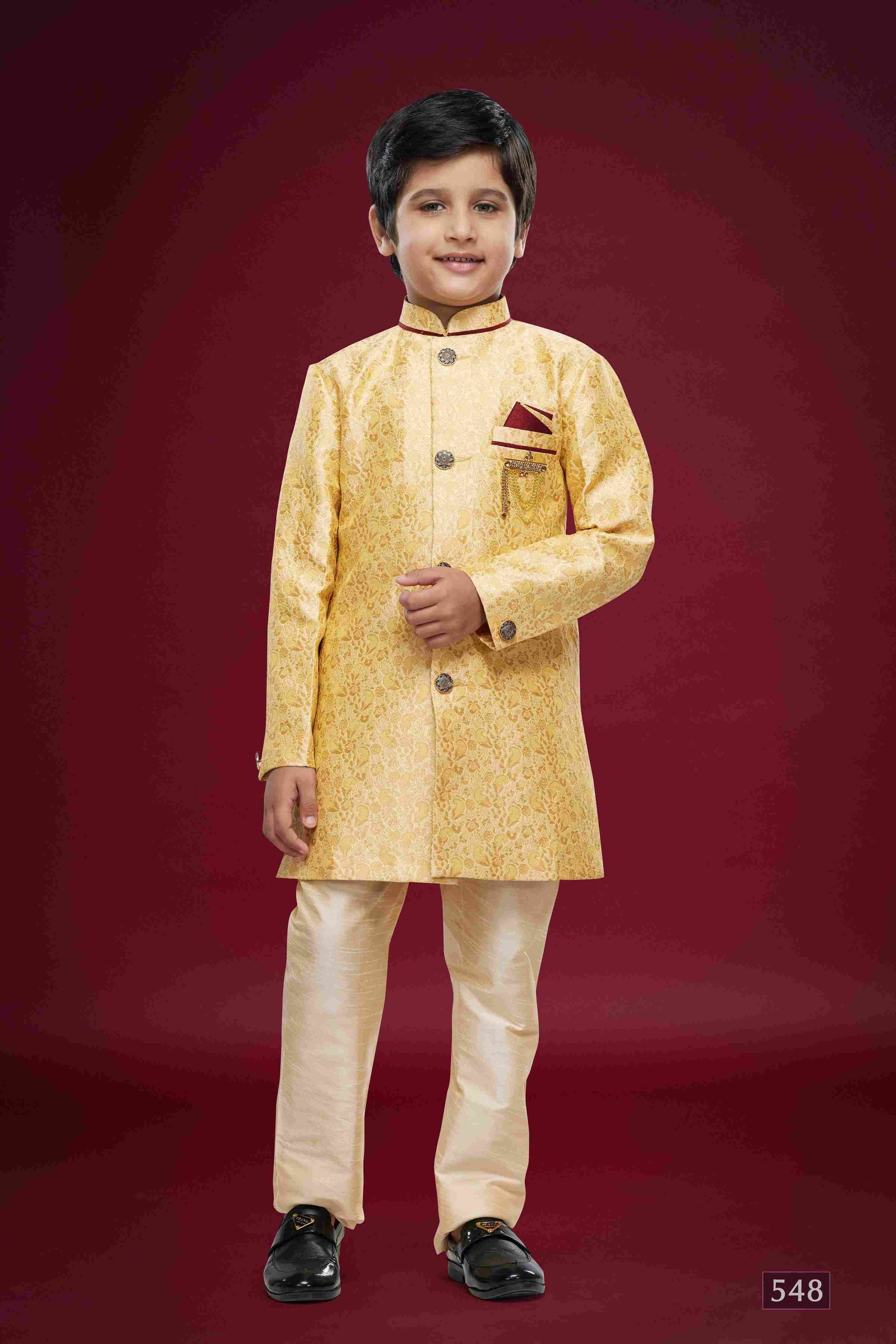 Raivat Ethnic Kids Banarasi Jacquard Woven Work Semi Indo Western Set Gold Colour - Distacart