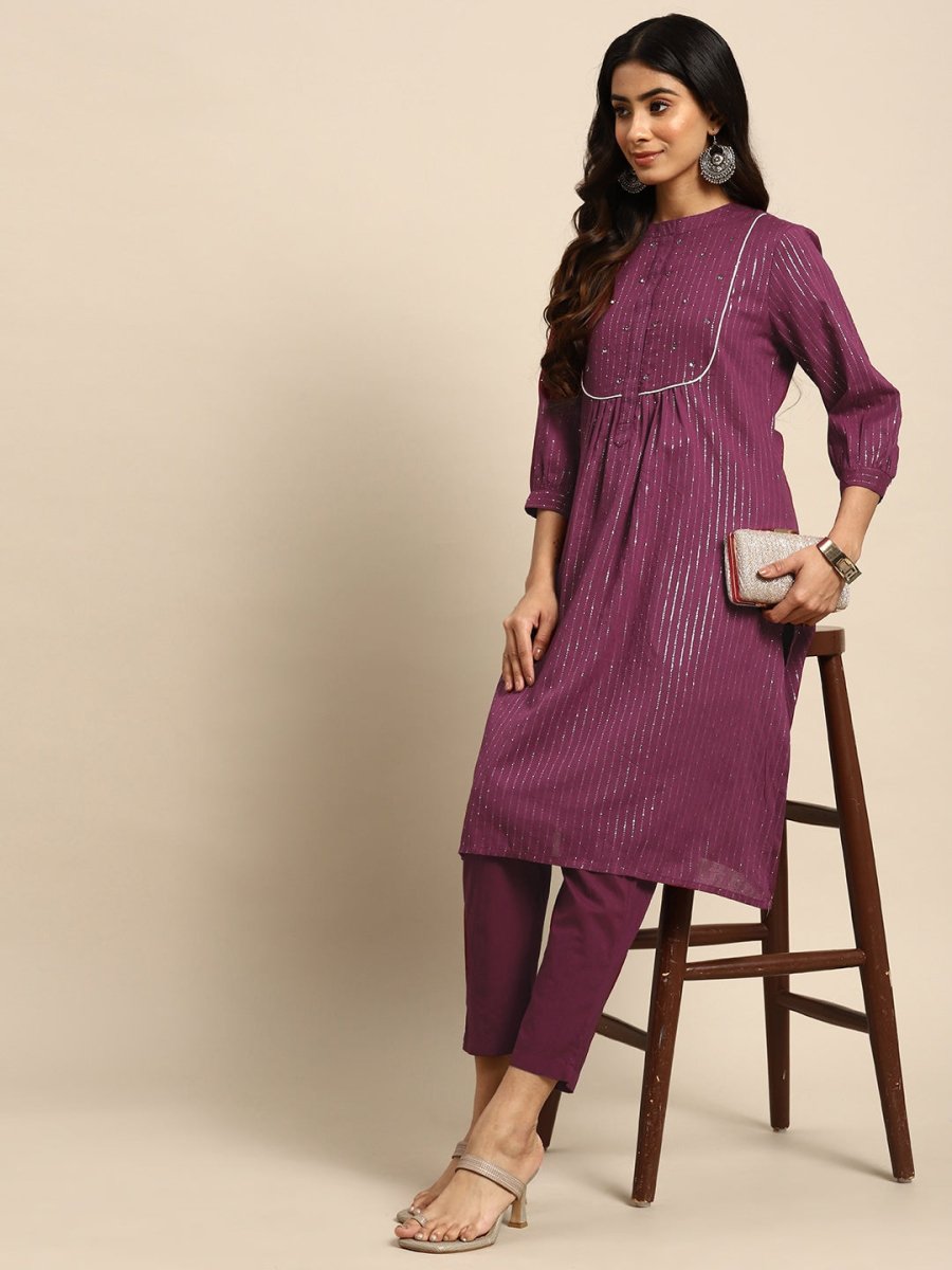 All About You Striped Pleated Sequinned Pure Cotton Kurta with Trousers - Distacart