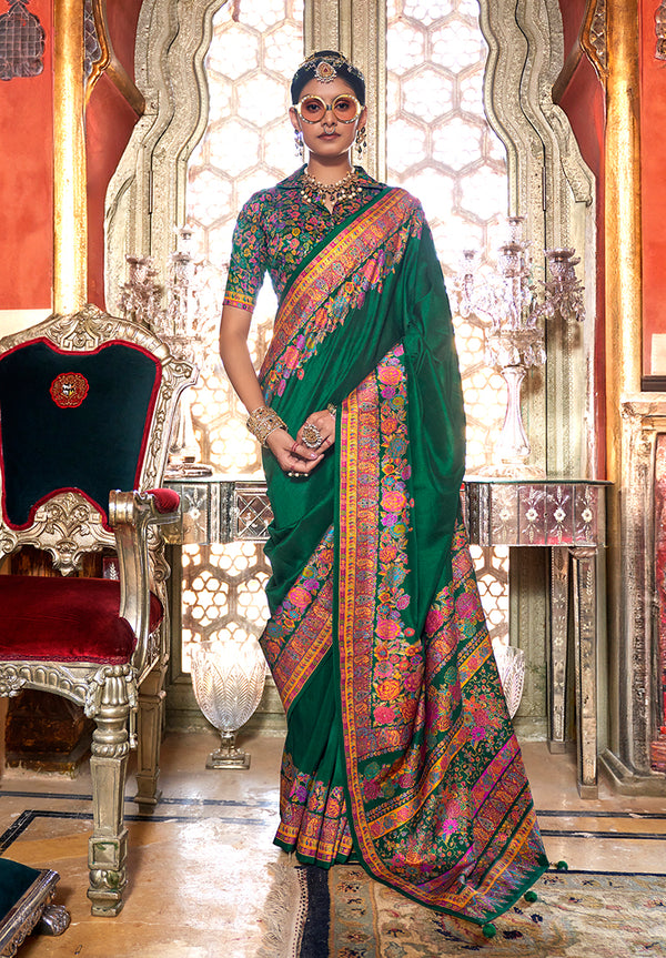 Monjolika Fashion Silk Dark green Printed Traditional Festival Saree With Blouse