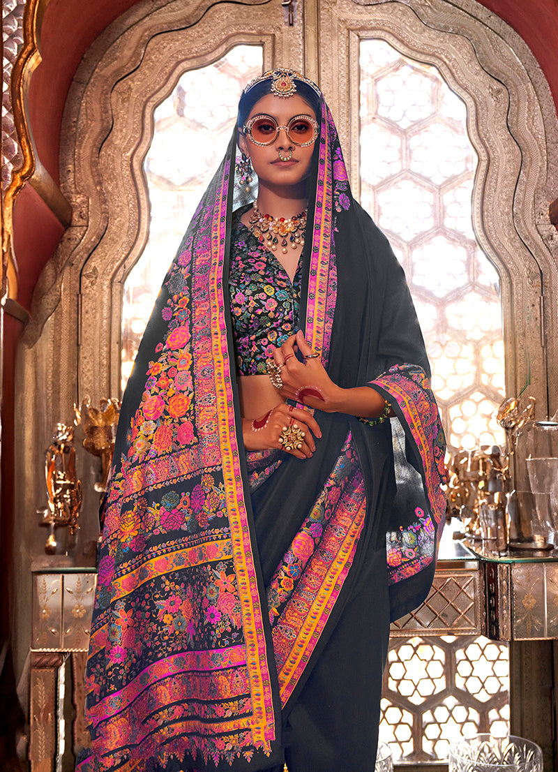 Monjolika Fashion Silk Black Printed Traditional Festival Saree With Blouse - Distacart