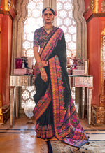Thumbnail for Monjolika Fashion Silk Black Printed Traditional Festival Saree With Blouse - Distacart