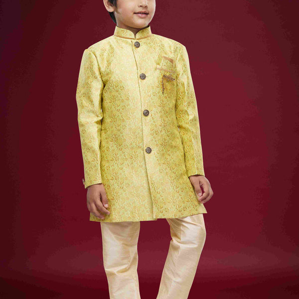 Raivat Ethnic Kids Banarasi Jacquard Woven Work Semi Indo Western Set Beige Colour - Distacart