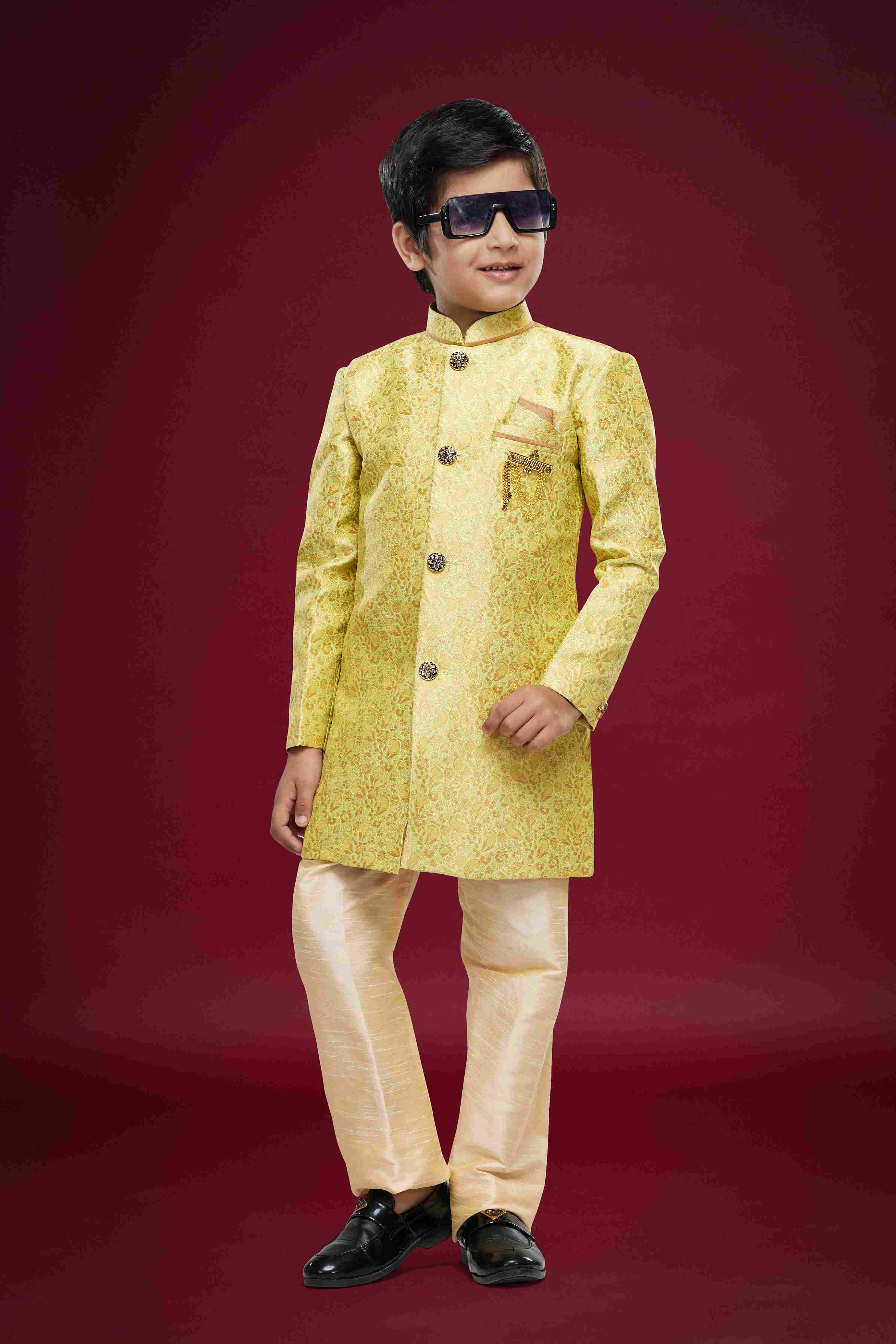 Raivat Ethnic Kids Banarasi Jacquard Woven Work Semi Indo Western Set Beige Colour - Distacart