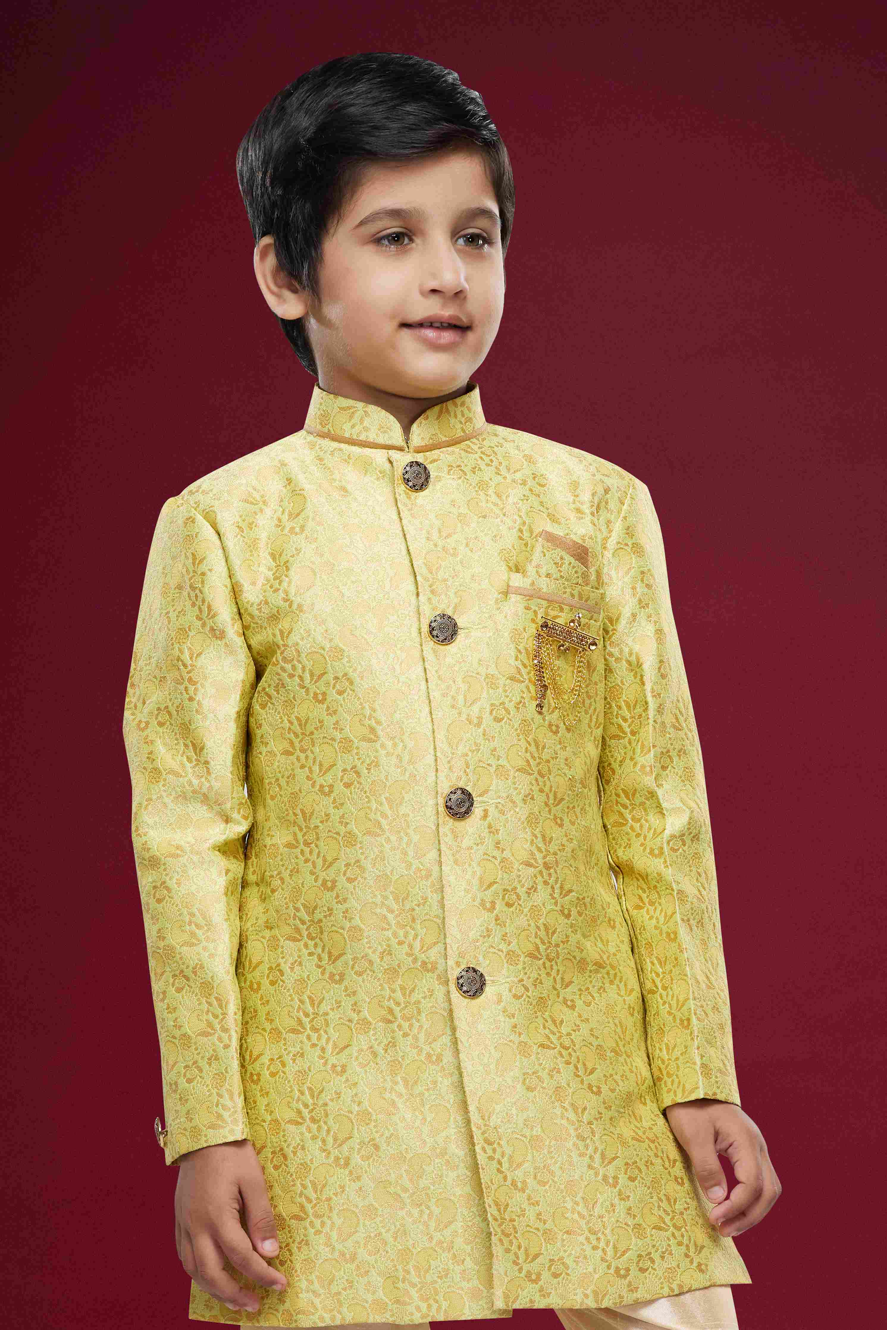 Raivat Ethnic Kids Banarasi Jacquard Woven Work Semi Indo Western Set Beige Colour - Distacart
