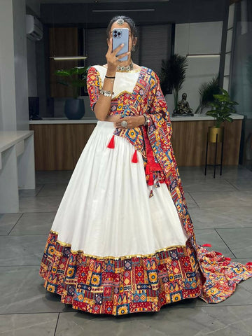 Yash Enterprise White Red Rayon Cotton Embroidery Semi Stitched Navratri Chaniya Choli - Dista