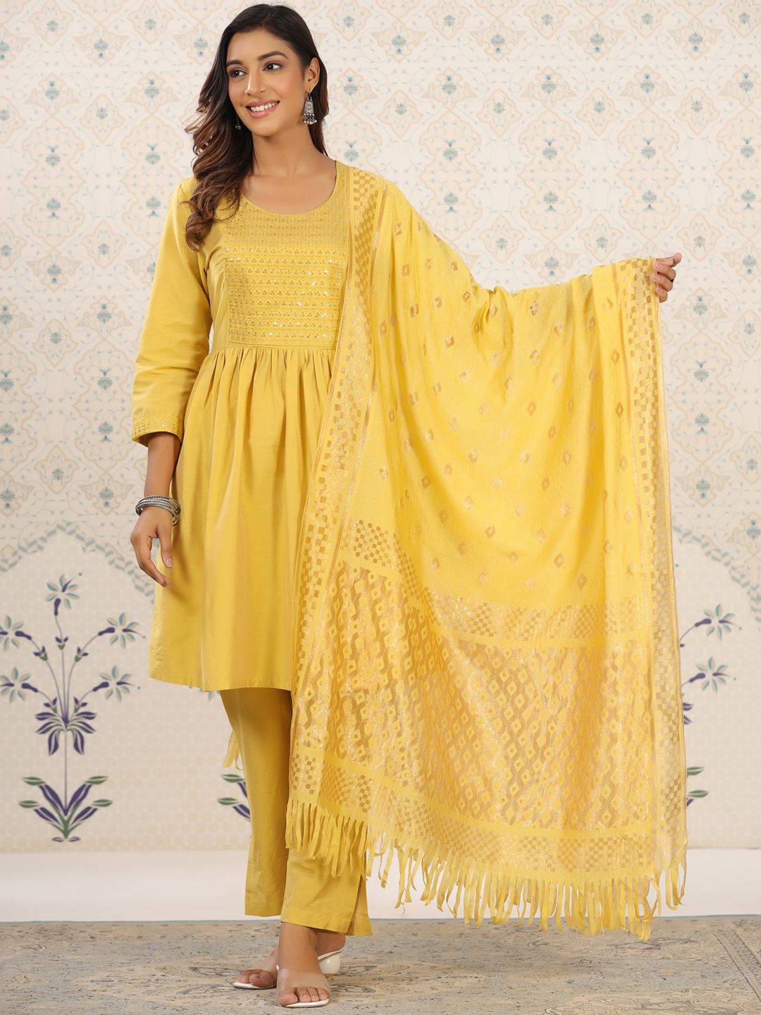 Ode by House of Pataudi Ethnic Motifs Yoke Design Sequinned Kurta with Trousers & Dupatta - Distacart