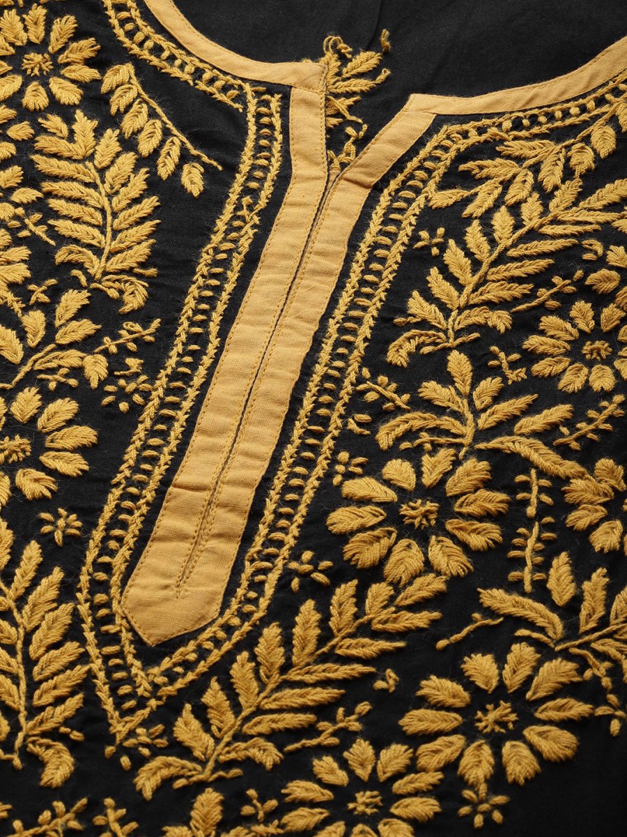 ADA Women Black & Mustard Yellow Pure Cotton Chikankari Embroidered Handloom Kurta with Trousers - Distacart