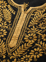 Thumbnail for ADA Women Black & Mustard Yellow Pure Cotton Chikankari Embroidered Handloom Kurta with Trousers - Distacart