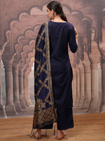 Thumbnail for Vishudh Navy Blue Mirror Work Zari Straight Kurta with Palazzo & Dupatta
