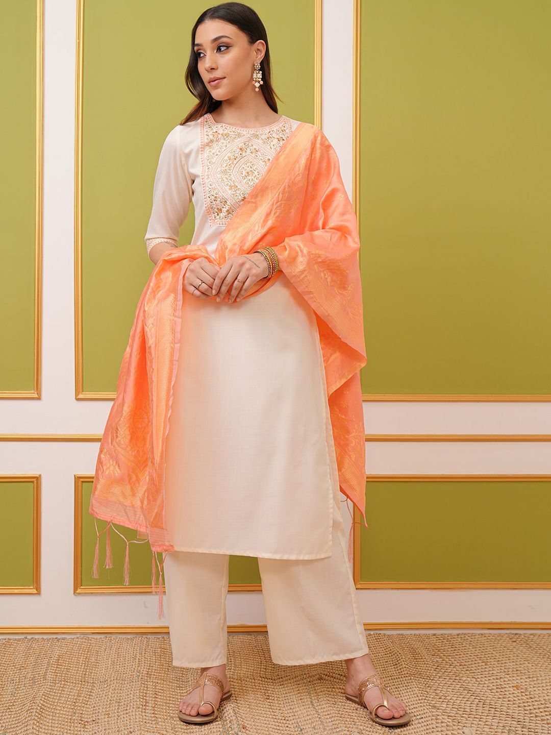 Vishudh Cream Ethnic Motifs Embroidered Regular Kurta With Palazzos & Dupatta - Distacart