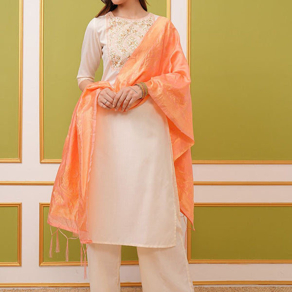 Vishudh Cream Ethnic Motifs Embroidered Regular Kurta With Palazzos & Dupatta - Distacart