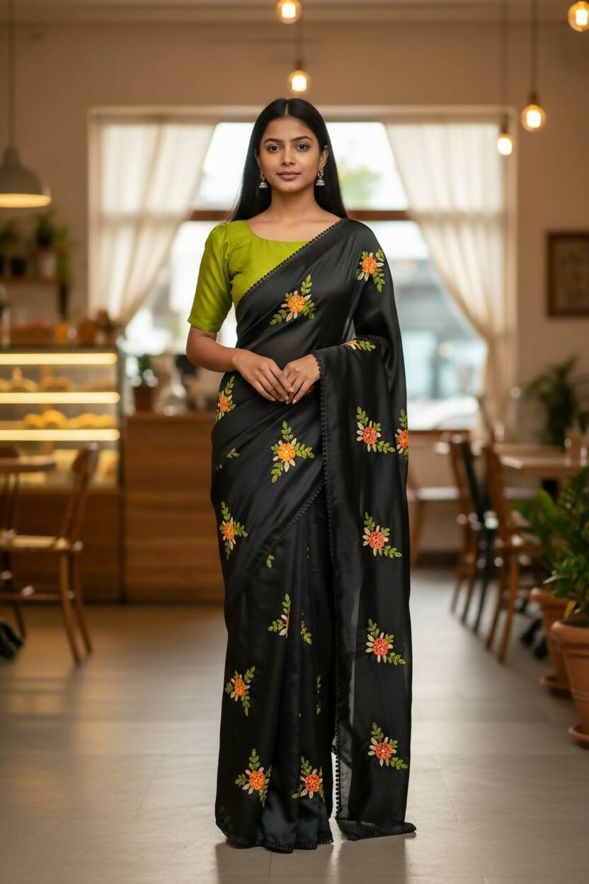 Teeya Creation Black Rangoli Silk Embroidery Work Party Wear Designer Saree - Distacart