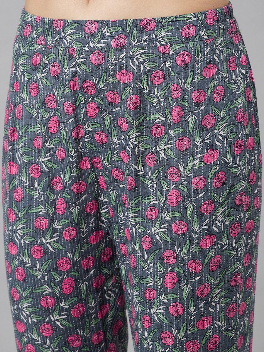 Aks Floral Printed Mandarin Collar Regular Pure Cotton Kurta With Trousers - Distacart