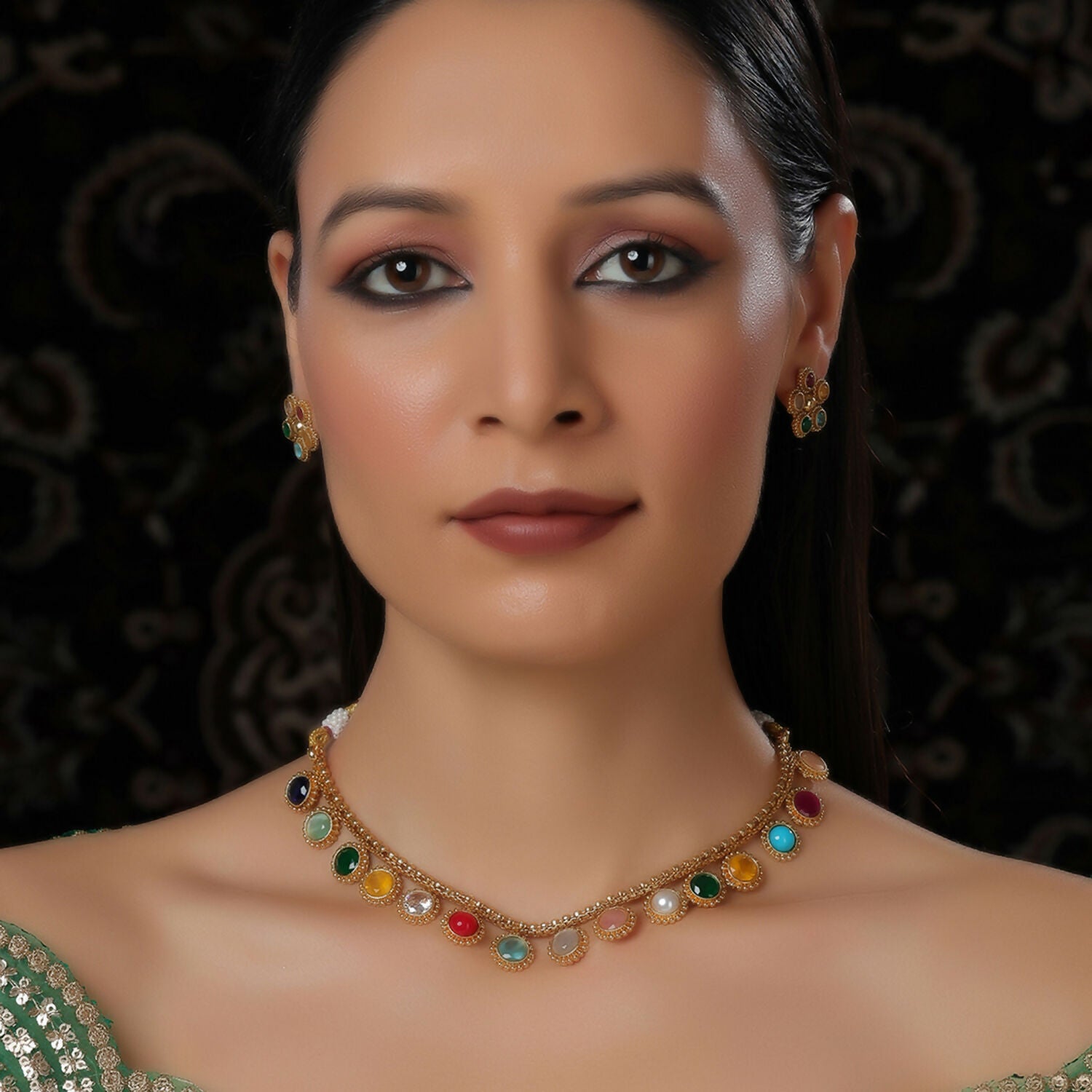 Multi Colored Stone in Gold Choker with Earrings (Multi Color) - Ruby Raang - Distacart