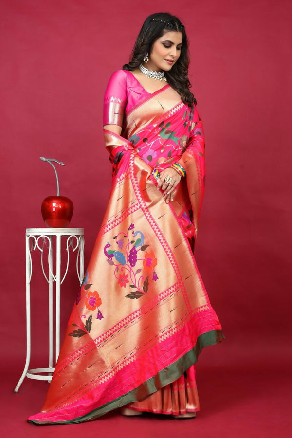 Jyoti Fashion Women's Pink Paithani Silk Zari Woven Saree with Blouse - Distacart