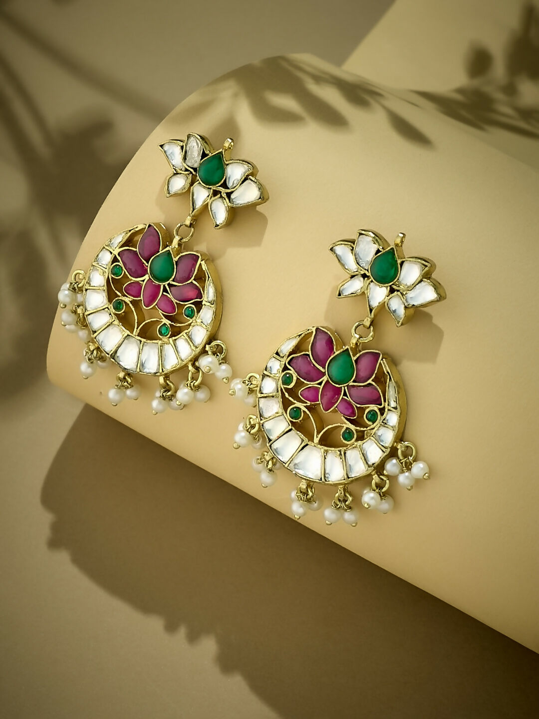 Nuyug 22K Gold-Plated Exquisite Kundan Stone Studded & Pearl Beaded Floral Traditional Chandbalis