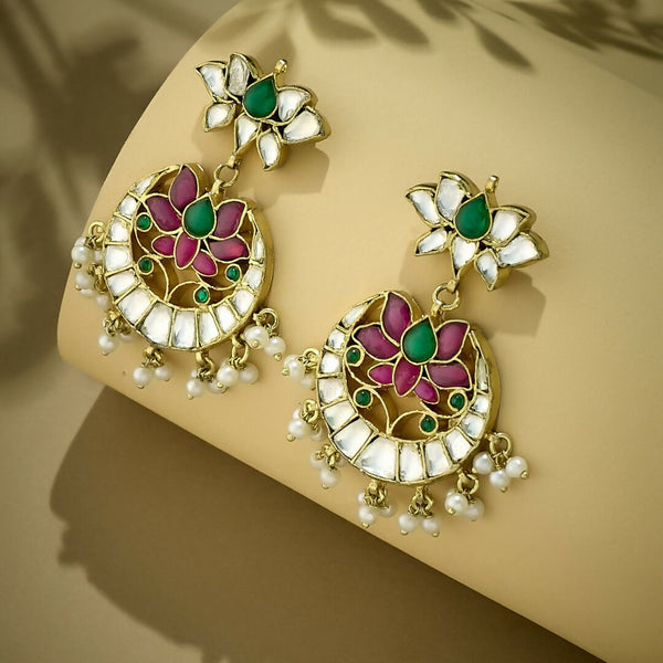 Nuyug 22K Gold-Plated Exquisite Kundan Stone Studded & Pearl Beaded Floral Traditional Chandbalis - Distacart