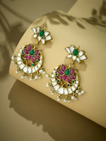 Thumbnail for Nuyug 22K Gold-Plated Exquisite Kundan Stone Studded & Pearl Beaded Floral Traditional Chandbalis