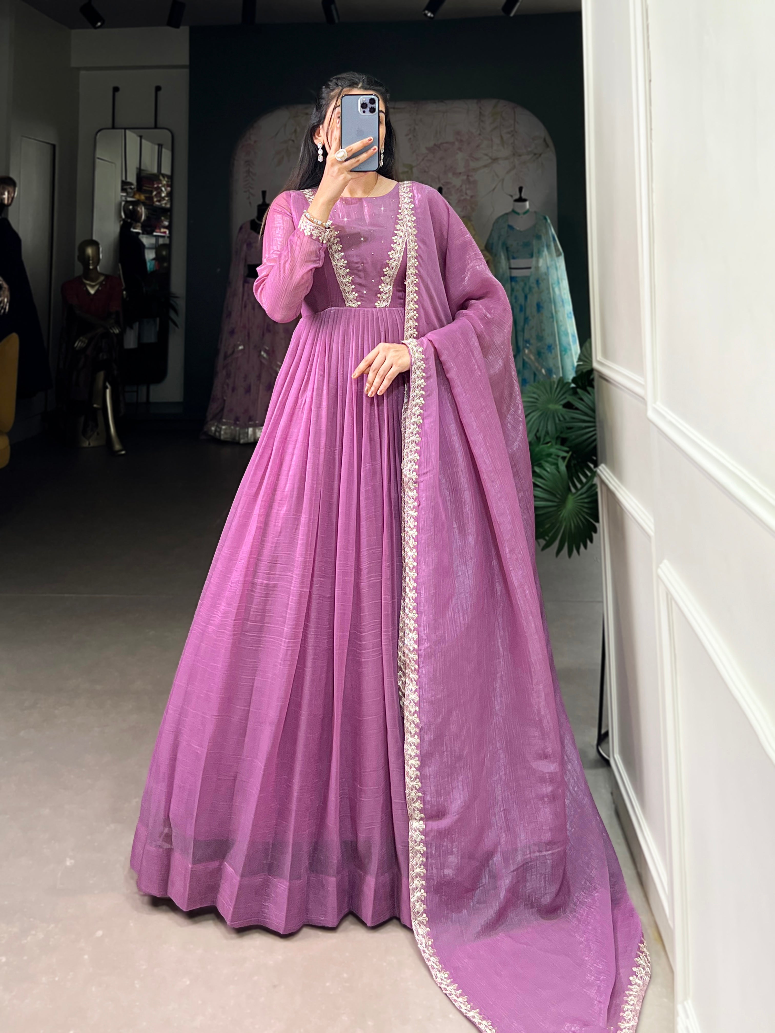Lorenvalley Lavender Silver Glory Hotfix With Sequins and Thread Embroidery Work Lace Touch Up Gown with Dupatta - Distacart