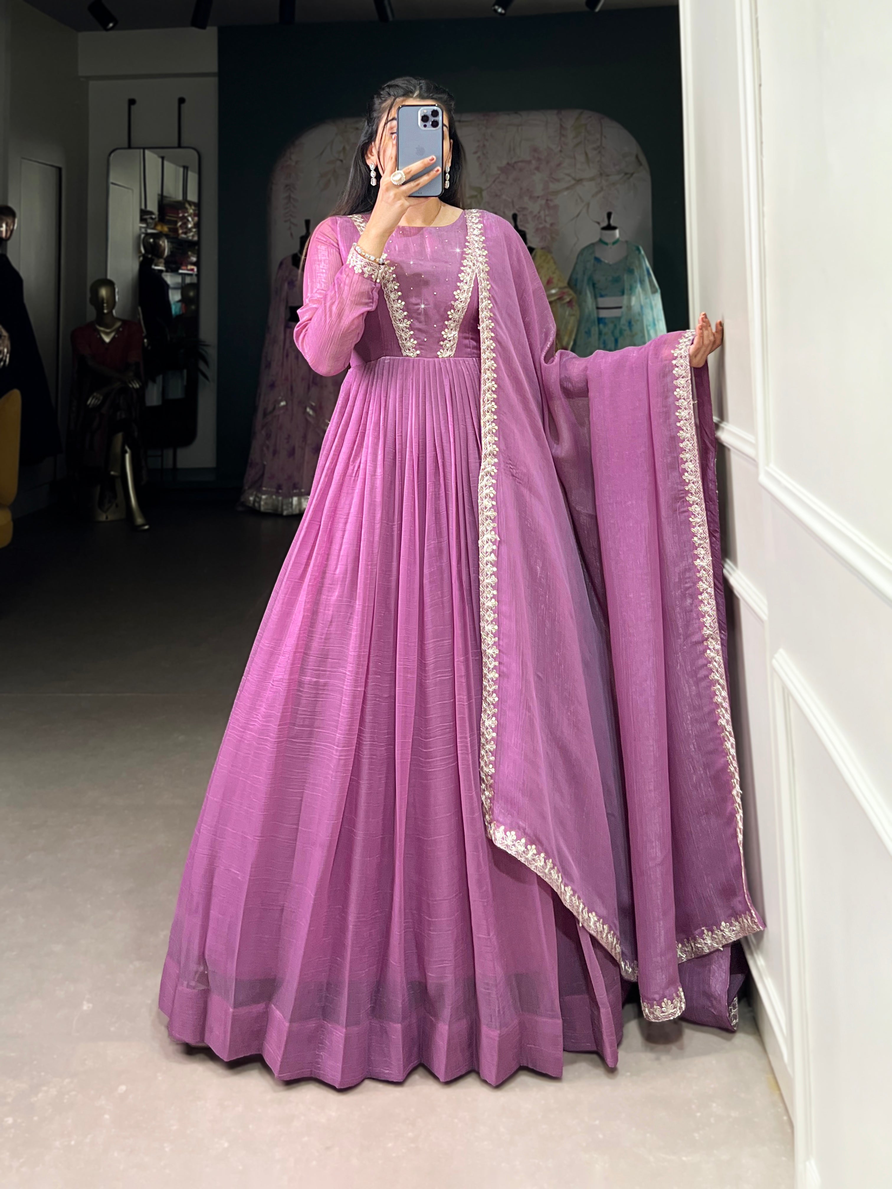 Lorenvalley Lavender Silver Glory Hotfix With Sequins and Thread Embroidery Work Lace Touch Up Gown with Dupatta - Distacart