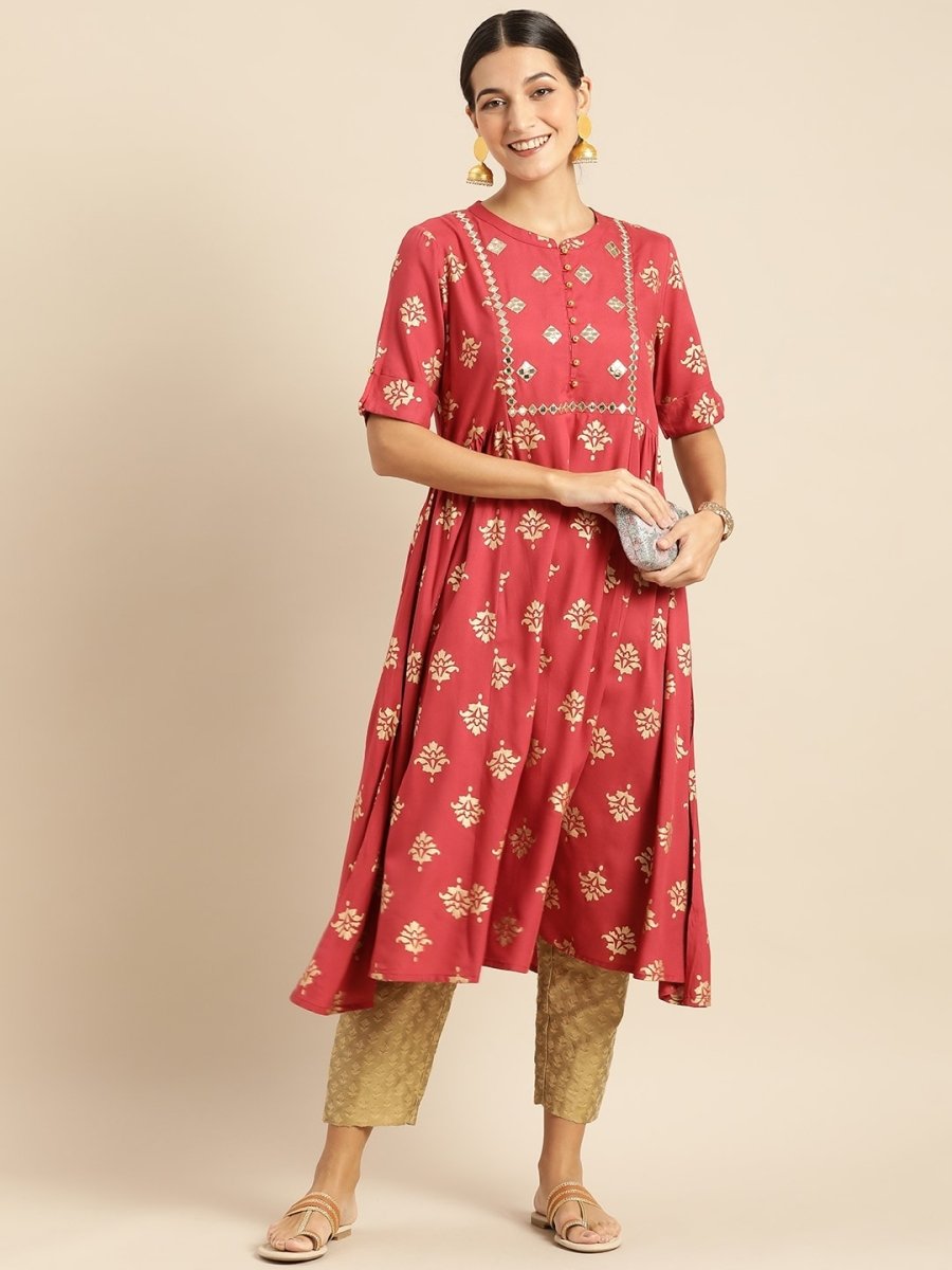 All About You Women Rust & Gold-Toned Ethnic Motifs Printed Mirror Work Kurta - Distacart