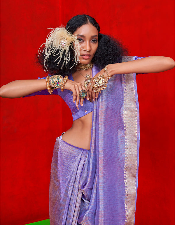 Monjolika Fashion Lavender Green Weaving Tissue Zari Classic Saree
