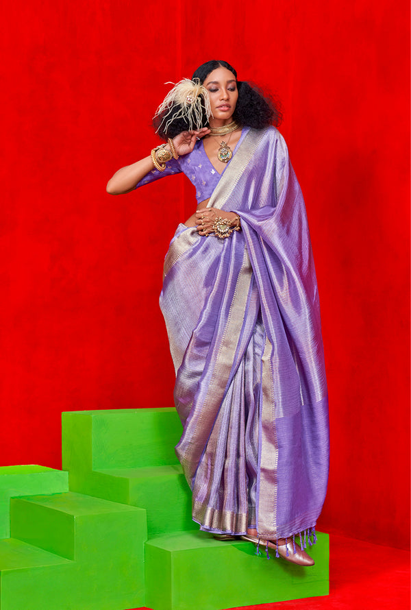 Monjolika Fashion Lavender Green Weaving Tissue Zari Classic Saree