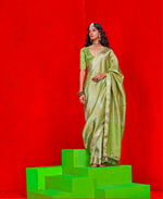Thumbnail for Monjolika Fashion Light Parrot Green Weaving Tissue Zari Classic Saree