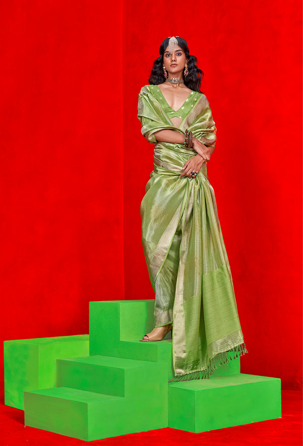 Monjolika Fashion Light Parrot Green Weaving Tissue Zari Classic Saree